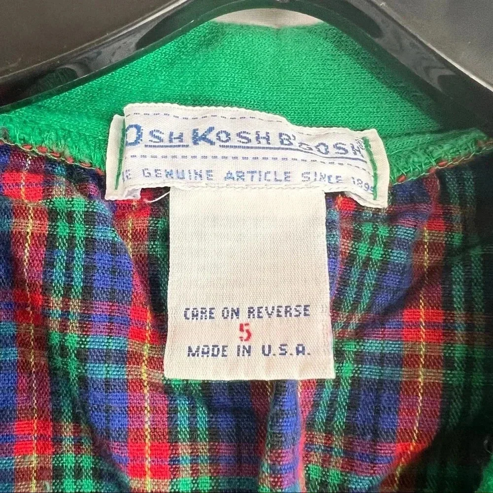 VTG Osh Kosh 80’s Kids Cardigan Green With Plaid Long Sleeve 5T Made In USA